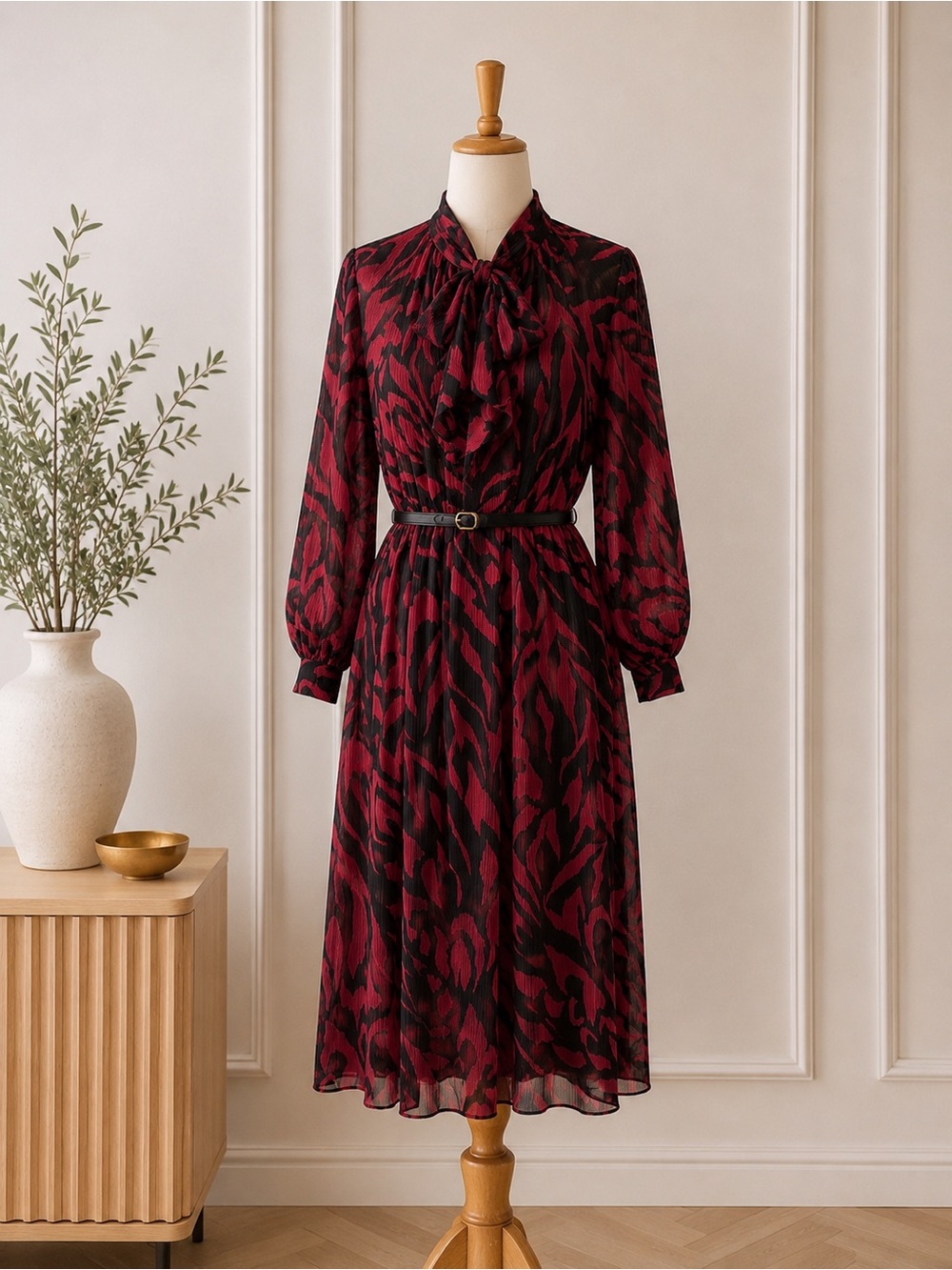 Donna Karan New York NWT Tie Neck A-Line Midi Dress Red Black Belted Size 4